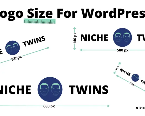 Guide sur la taille logo WordPress : différents formats pour le logo "Niche Twins" avec leurs dimensions en pixels.