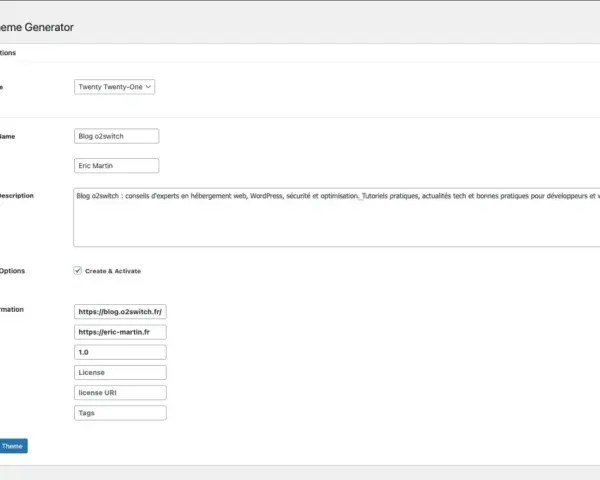Génération d'un thème enfant WordPress avec le thème parent Twenty Twenty-One. Le thème enfant s'appelle "Blog o2switch" et est créé par Eric Martin.