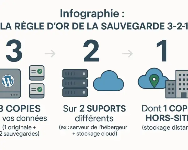Infographie sur la règle d'or de la sauvegarde 3-2-1 pour WordPress : 3 copies, sur 2 supports différents, dont 1 copie hors-site.