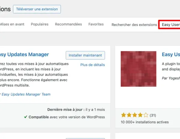 Interface WordPress pour changer identifiant. Recherche du plugin "Easy Username Updater" pour modifier nom d'utilisateur.