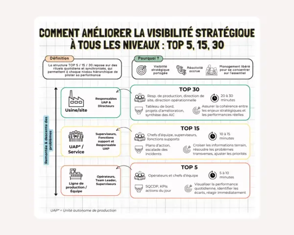 Schéma expliquant la structure TOP 5, 15, 30 pour améliorer la visibilité stratégique. Un guide essentiel pour votre meilleur blog.