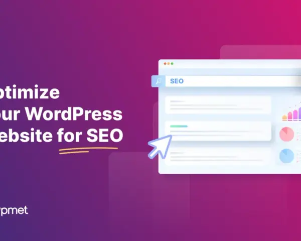 Optimisez votre site WordPress pour le SEO. Graphiques et barre de recherche SEO sur un écran d'ordinateur.