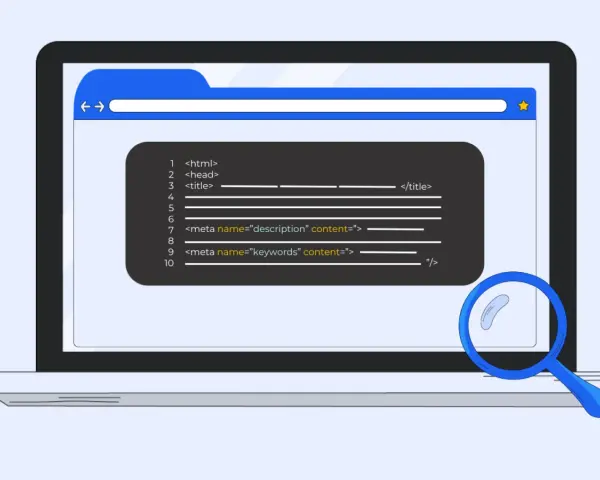 Code HTML montrant les balises de titre et de méta pour le référencement. Optimisez votre titre SEO WordPress.