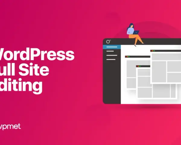 Illustration de la conception de sites web avec WordPress FSE. Une femme utilise un ordinateur portable sur une interface de site web.