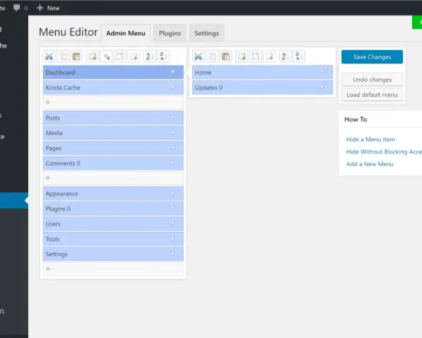 Interface de présentation tableau de bord pour l'édition de menus.