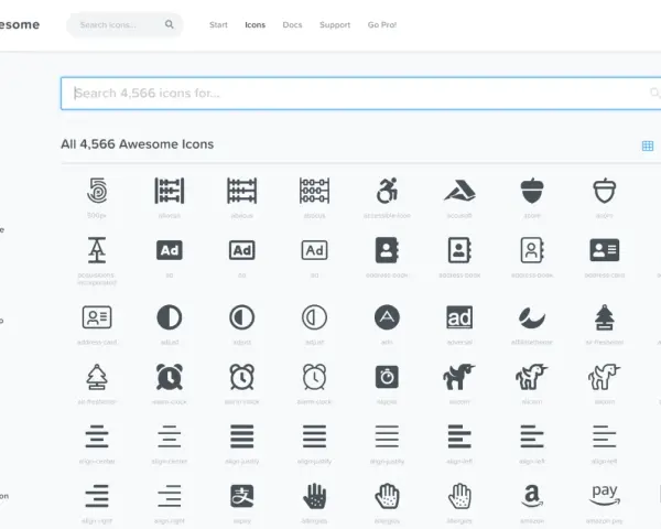 La page web Font Awesome affiche une grille d'icônes, dont des exemples comme "abacus", "acorn" et "alarm-clock", avec une barre de recherche pour trouver des icônes WordPress.