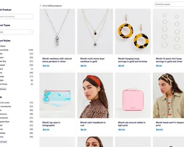 Une page de produits de mode, avec un filtre wp grid builder sur la gauche. Bijoux, sacs et accessoires Monki sont présentés.