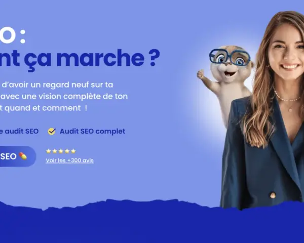 Une femme souriante et une loutre animée font la promotion d'un audit SEO complet pour améliorer votre stratégie web.