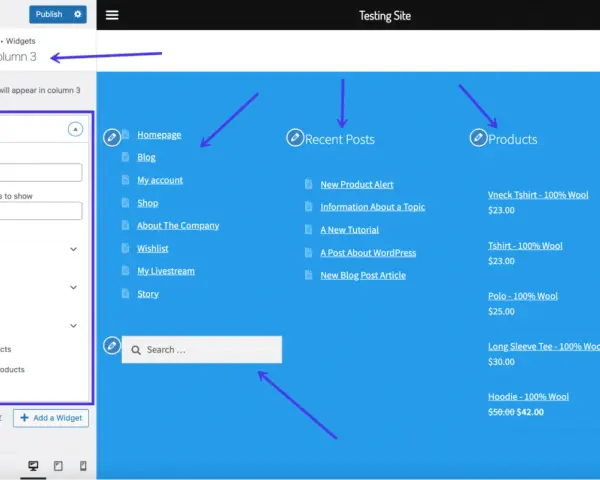 Interface WordPress pour modifier le footer. Colonne 3 du footer affichant des produits.