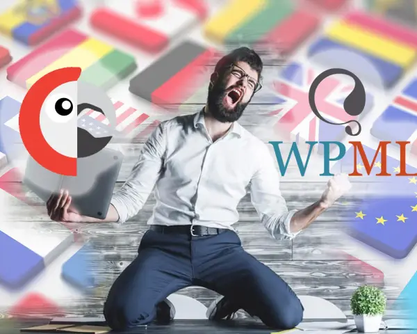 Un homme exulte devant des drapeaux, symbolisant la victoire de WPML sur Polylang pour la traduction de sites web.