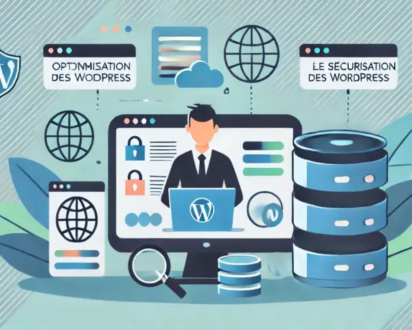 Illustration d'un homme devant un écran d'ordinateur, symbolisant l'optimisation et la sécurisation de l'espace membre WordPress.