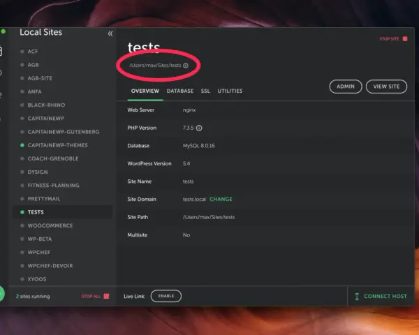 Interface pour mettre en ligne un site WordPress. Détails du site "tests" affichés, incluant le chemin d'accès.