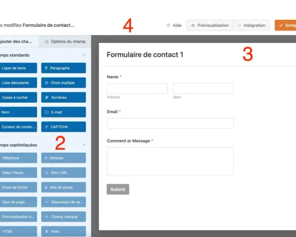 Interface de création d'un formulaire de réservation avec des champs standards et sophistiqués.