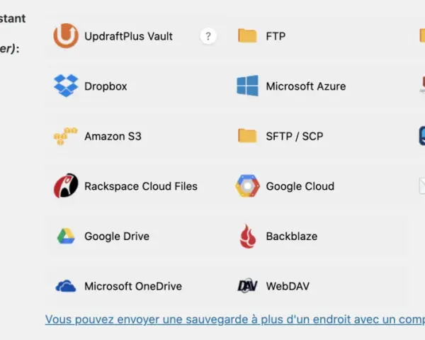 Icônes de stockage pour sauvegarde/restauration : UpdraftPlus Vault, Dropbox, Amazon S3, FTP, Microsoft Azure, SFTP/SCP, S3-Compatible, OpenStack, DreamObjects, Rackspace, Google Cloud, Email, Google Drive, Backblaze, OneDrive, WebDAV.