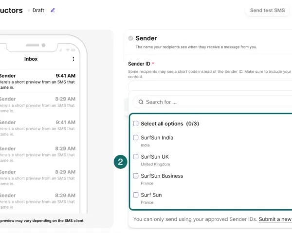 Interface de configuration pour l'envoi de SMS avec Brevo. Choix des expéditeurs pour les messages.