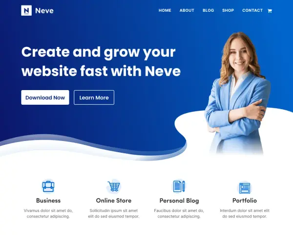 Une femme souriante en costume bleu, sur un fond bleu avec le logo Neve. Créez votre site web rapidement avec Neve WordPress.