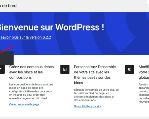 Tableau de bord WordPress, menu "Apparence" ouvert, flèche rouge pointant vers "Thèmes" pour installer un thème.