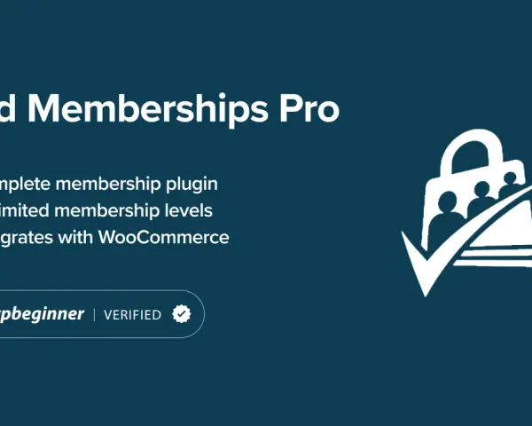 Paid Memberships Pro : plugin complet pour adhésions, niveaux illimités, intégration WooCommerce. Icône de sac avec personnes et coche.