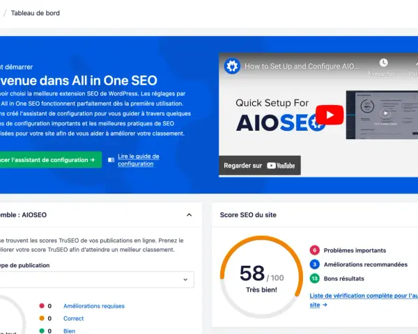 Tableau de bord AIOSEO : lancez l'assistant pour une configuration SEO complète, une alternative à Yoast.