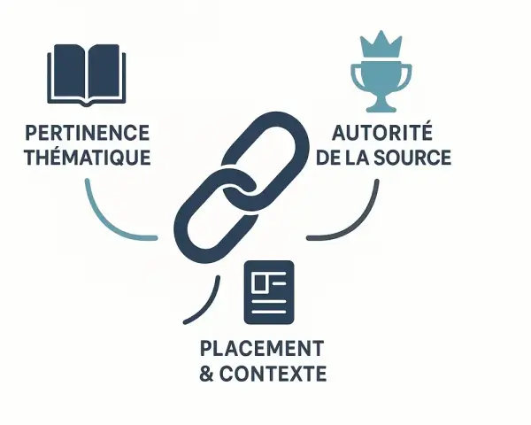 Diagramme illustrant les facteurs clés pour des backlinks gratuits : pertinence thématique, autorité de la source et placement/contexte.