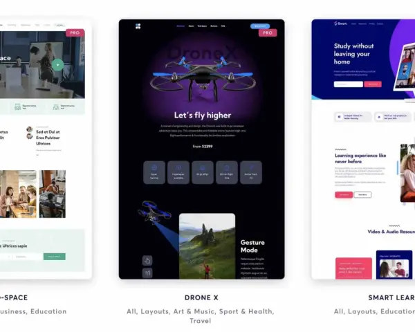Trois maquettes de sites web : Co-Space (espace de coworking), DroneX (drone) et Smart Learn (formation en ligne). Un générateur de nom de site pourrait proposer ces designs.