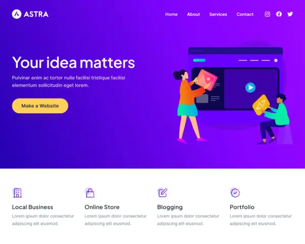 Illustration d'un template Astra WordPress. Deux personnes construisent un site web, une avec une image, l'autre avec du code.