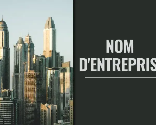 Vue d'une skyline moderne. Le texte "NOM D'ENTREPRISE" suggère une aide pour trouver un nom d'entreprise gratuit.