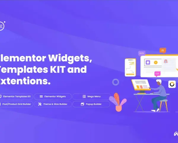 L'image présente les extensions Elementor, offrant des widgets, des kits de modèles et des fonctionnalités pour un design web royal.