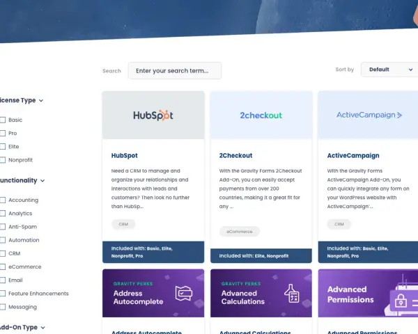 Catalogue d'extensions pour Gravity Forms : HubSpot, 2Checkout, ActiveCampaign et des fonctionnalités comme Address Autocomplete.