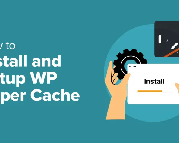 Illustration pour installer et configurer WP Super Cache. Une main tient une carte avec "Install" et une barre de progression.
