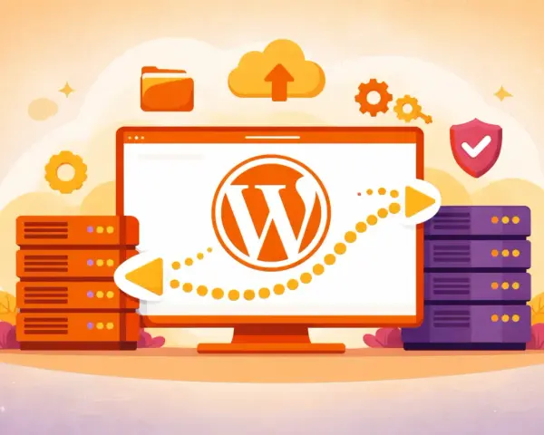 Illustration d'une migration WordPress : un écran affiche le logo WordPress, avec des serveurs et une flèche de transfert de données.