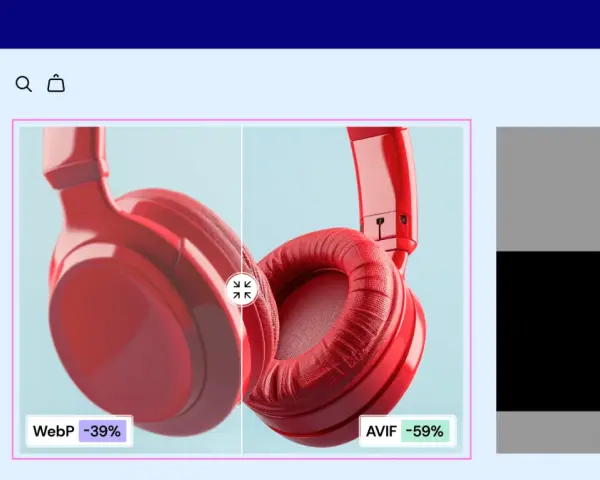Comparaison visuelle : casque rouge en WebP (-39%) vs AVIF (-59%). Le format WebP est plus léger que le JPG.