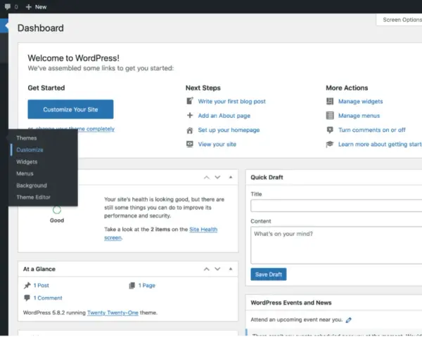 Tableau de bord WordPress. Le menu "Apparence" est ouvert, montrant les options pour personnaliser le site, y compris comment ajouter une police WordPress via le thème.