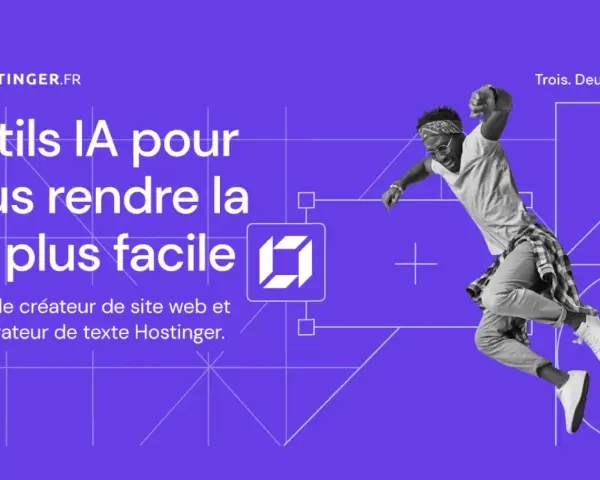Outils IA Hostinger pour un blog facile. Un homme saute de joie, symbolisant la simplicité de créer un site web et du contenu.