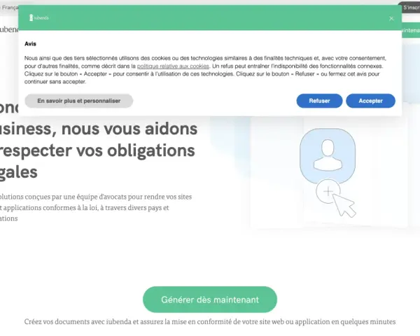 Une barre de notification de cookies s'affiche en haut de la page. Elle propose d'accepter, refuser ou personnaliser les cookies.