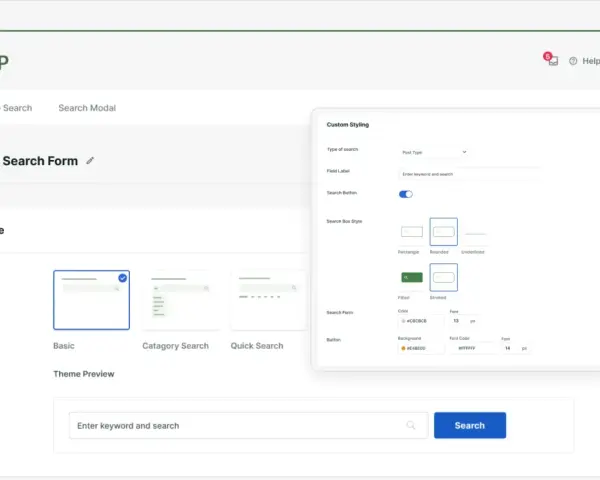 Interface de configuration d'un **search form WordPress** pour une base de connaissances, avec options de style et de thème.