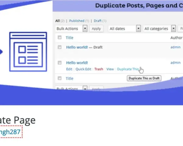 Icône montrant la duplication d'une page WordPress. L'interface affiche l'option "Duplicate This" pour créer une copie.