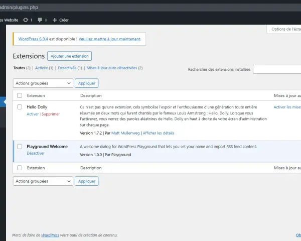 Interface d'administration WordPress pour mettre WordPress en français. Liste des extensions installées, avec "Hello Dolly" et "Playground Welcome".