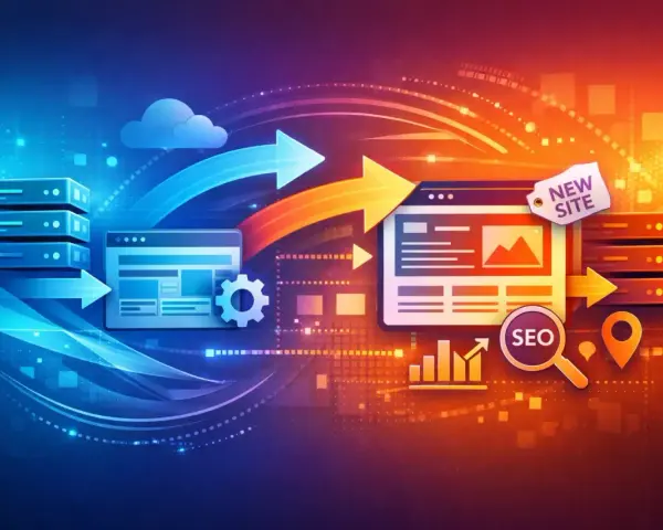Illustration conceptuelle de migration de site web avec des serveurs, des flèches et des icônes SEO.