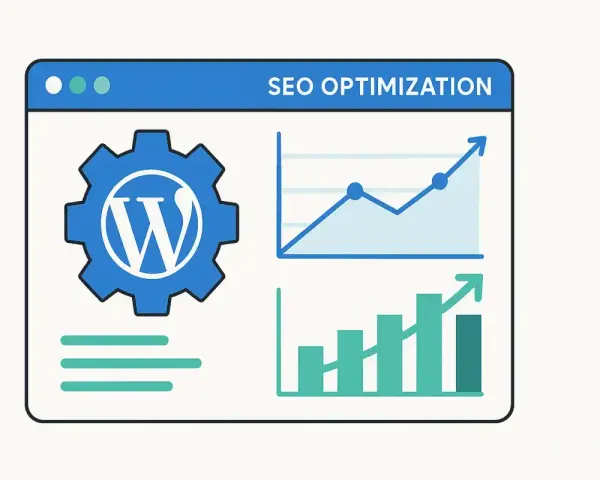 Icône WordPress et graphiques pour l'optimisation SEO. Un tableau de bord montre la croissance des performances.
