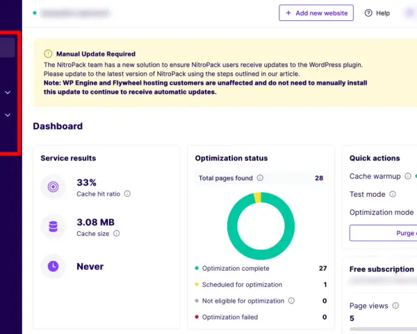 Tableau de bord NitroPack affichant les statistiques du plugin cache WordPress : ratio de succès du cache, taille du cache et statut d'optimisation.