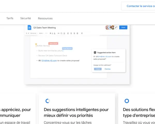 Interface Google Workspace montrant un document avec des éléments d'action et une suggestion d'e-mail pour créer une proposition commerciale.
