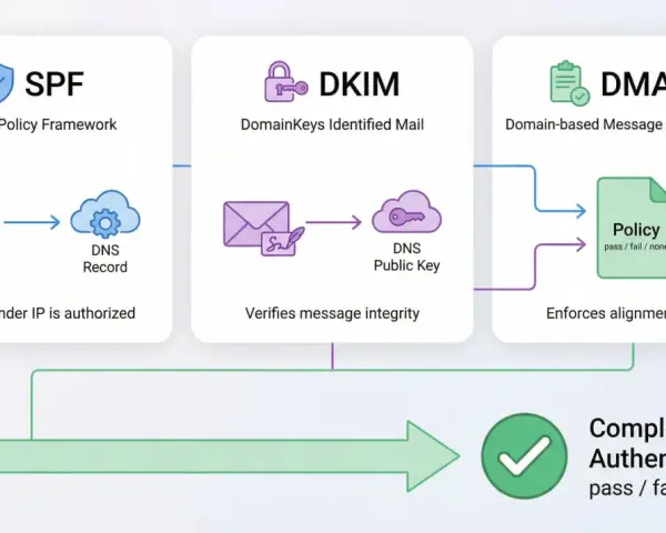 Schéma illustrant SPF, DKIM et DMARC pour l'analyse de l'entête mail. Vérification de l'expéditeur, de l'intégrité et de la politique d'alignement pour une authentification complète.