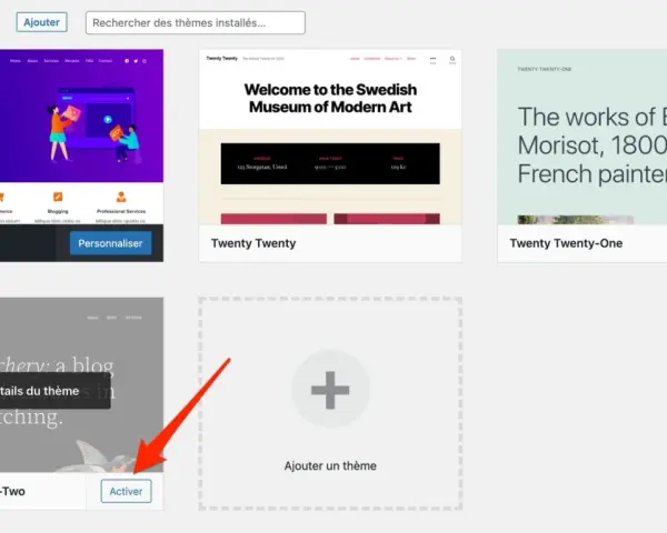 Interface de gestion des thèmes WordPress. Astra est actif, d'autres thèmes comme Twenty Twenty et Twenty Twenty-One sont visibles, prêts pour un portfolio.