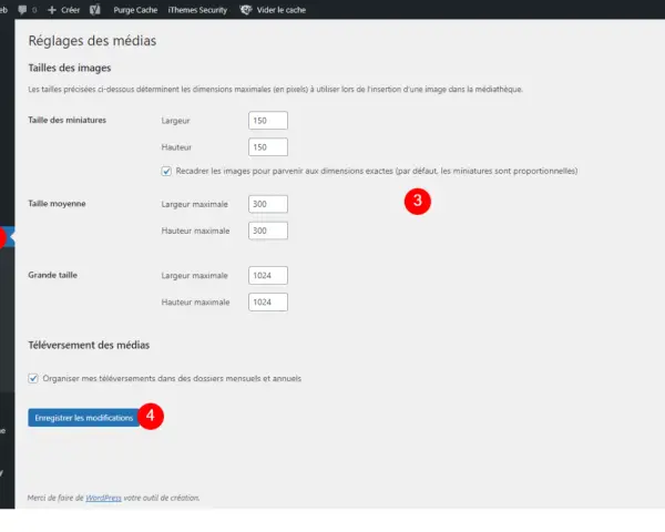Réglages des médias WordPress : ajustez les tailles des miniatures, moyennes et grandes pour régénérer les miniatures.