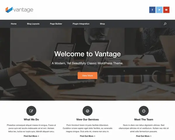Exemple de site web personnel : page d'accueil du thème WordPress Vantage, avec un slogan invitant et des sections "Ce que nous faisons", "Nos services" et "Notre équipe".