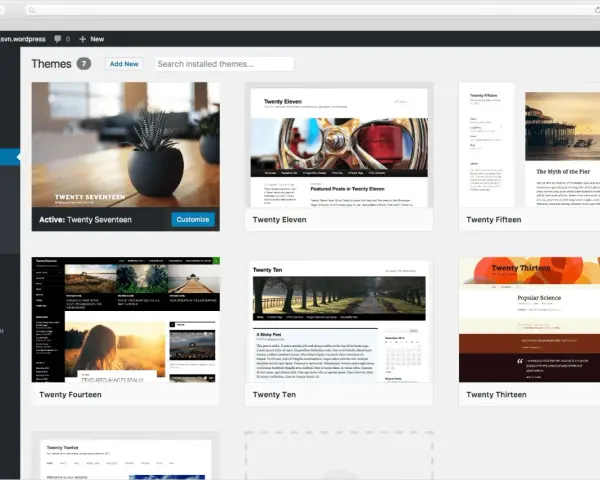 Interface WordPress pour choisir un template blog. Thèmes disponibles : Twenty Seventeen, Eleven, Fifteen, Ten, Fourteen, Thirteen, Twelve.