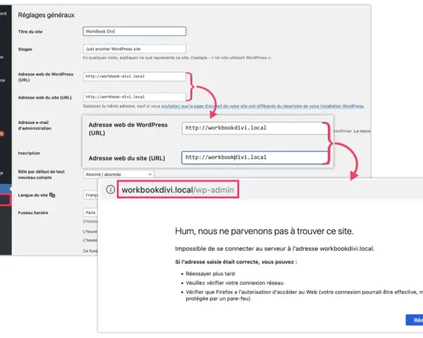 Interface WordPress montrant les réglages généraux pour changer l'URL du site. Une erreur indique que le site n'est pas accessible à l'adresse saisie.