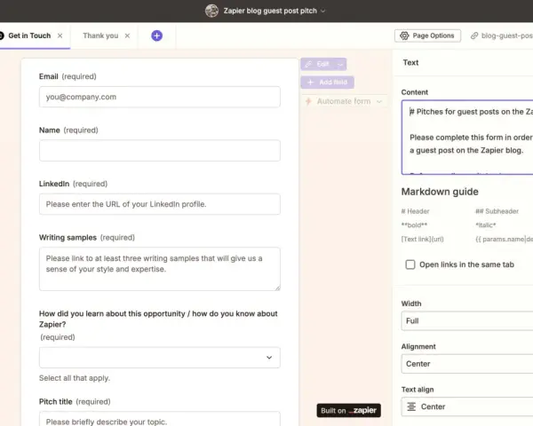 Formulaire de soumission pour un article invité sur le blog Zapier. Créez votre propre formulaire gratuitement avec Zapier.