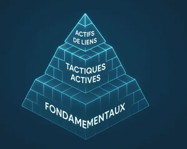 Pyramide illustrant les "Actifs de liens", les "Tactiques actives" et les "Fondamentaux" pour un site.